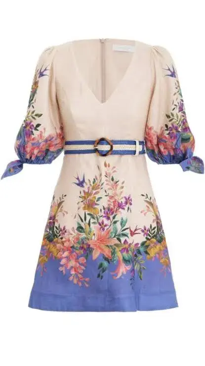 Zimmermann Tropicana Tie Sleeve Mini Dress Blue Floral Print Size 3 / AU 14 - Image 4