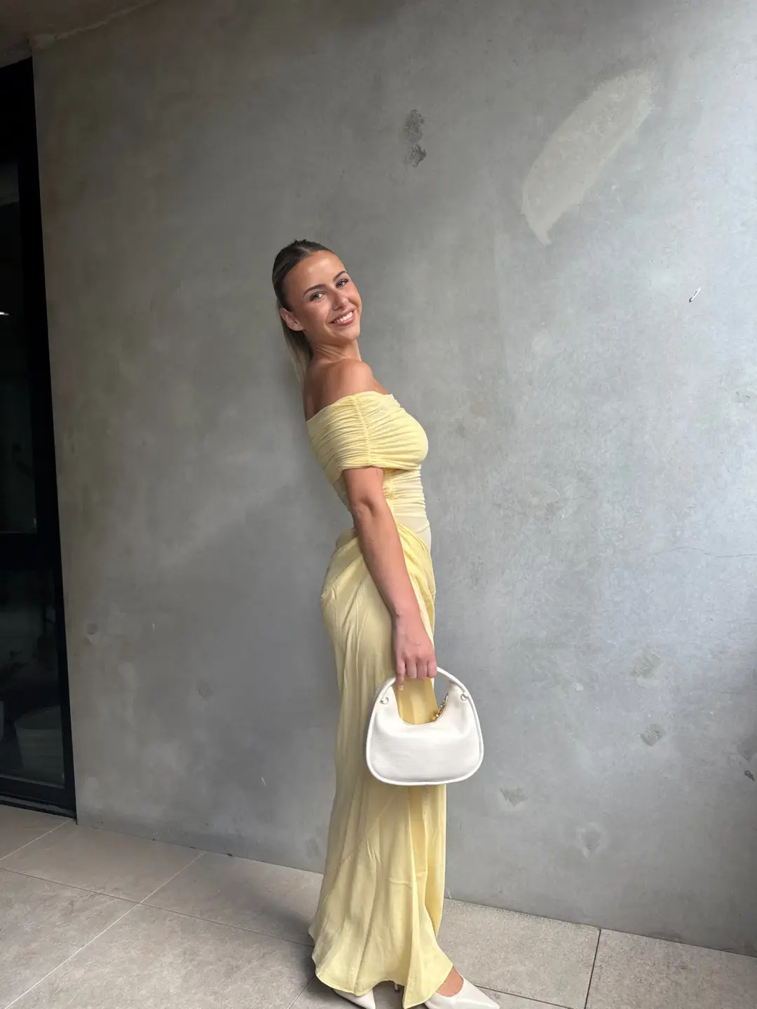 Benni Nico Off Shoulder Maxi Dress Butter Size 8 for rent on The Volte - main image