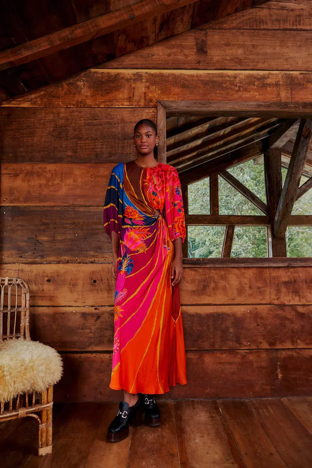 Farm Rio Vintage Wave Circle Cut-Out Midi Dress Floral Size 10 for rent on The Volte - main image