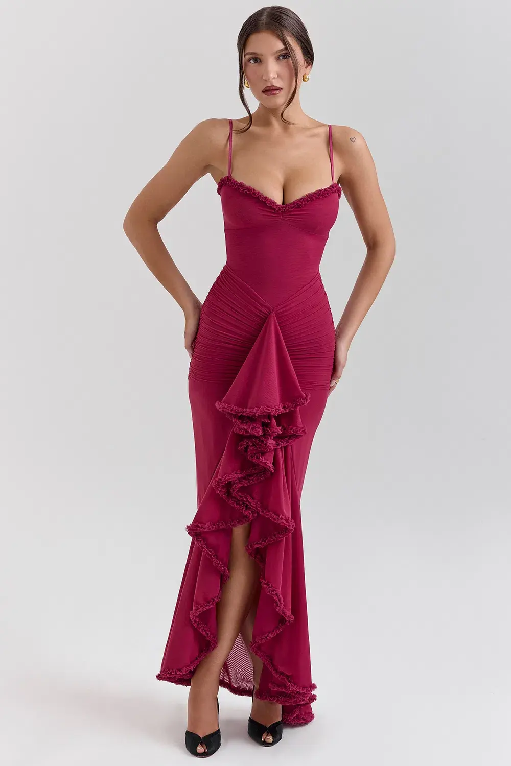 House of CB Gabbi Ruffled Front Gown Wine Size XS / AU 6 - Image 2