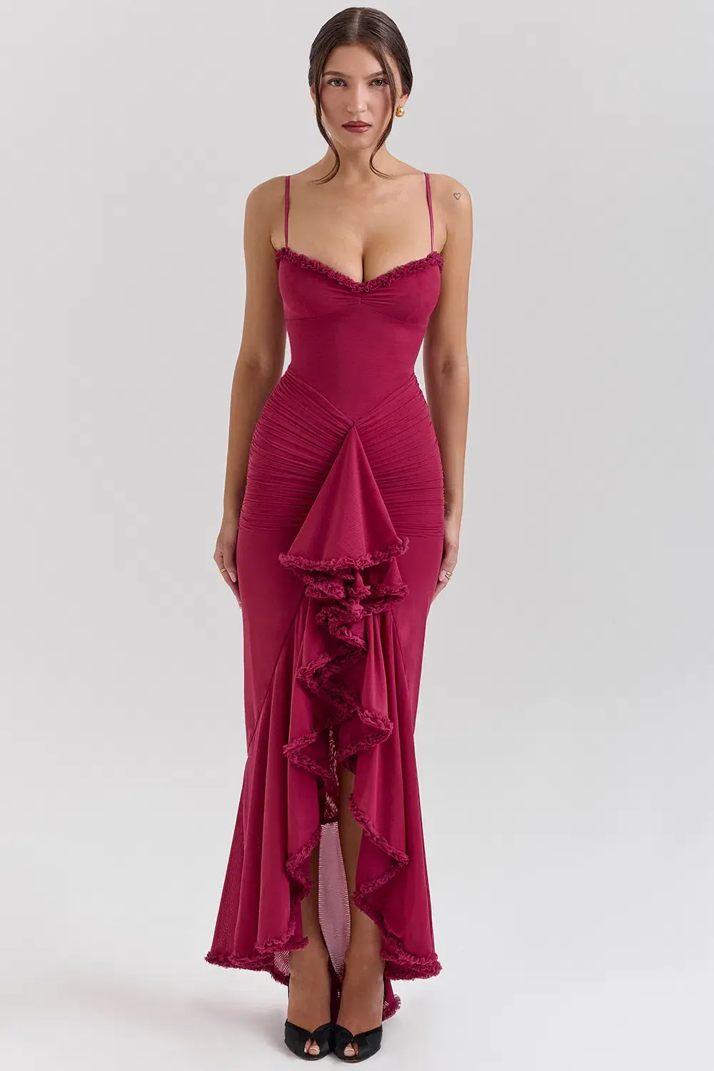 House of CB Gabbi Ruffled Front Gown Wine Size XS / AU 6 - Image 4