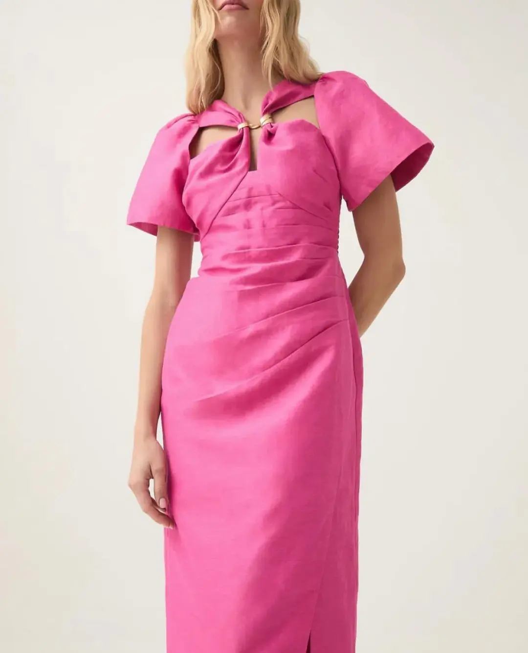 Aje Presence Twisted Midi Dress Fuchsia Rose Size 12 for rent on The Volte - main image