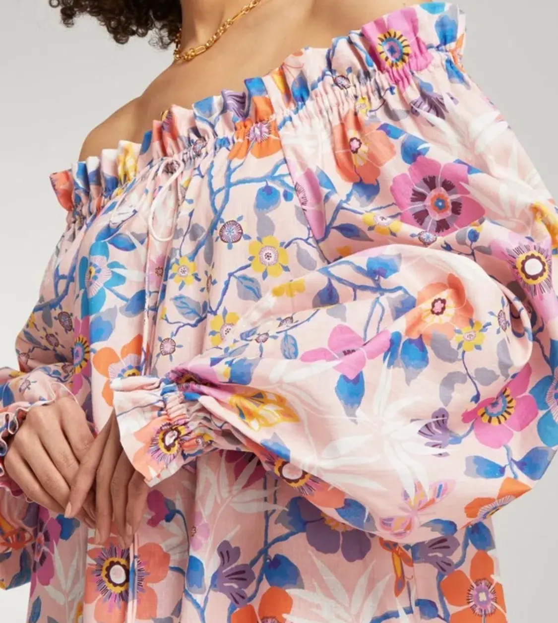 The Vampire’s Wife Mini Mob Off Shoulder Floral Print Slub Linen And Cotton Blend Dress in Baby Pink Size AU 10 - Image 4