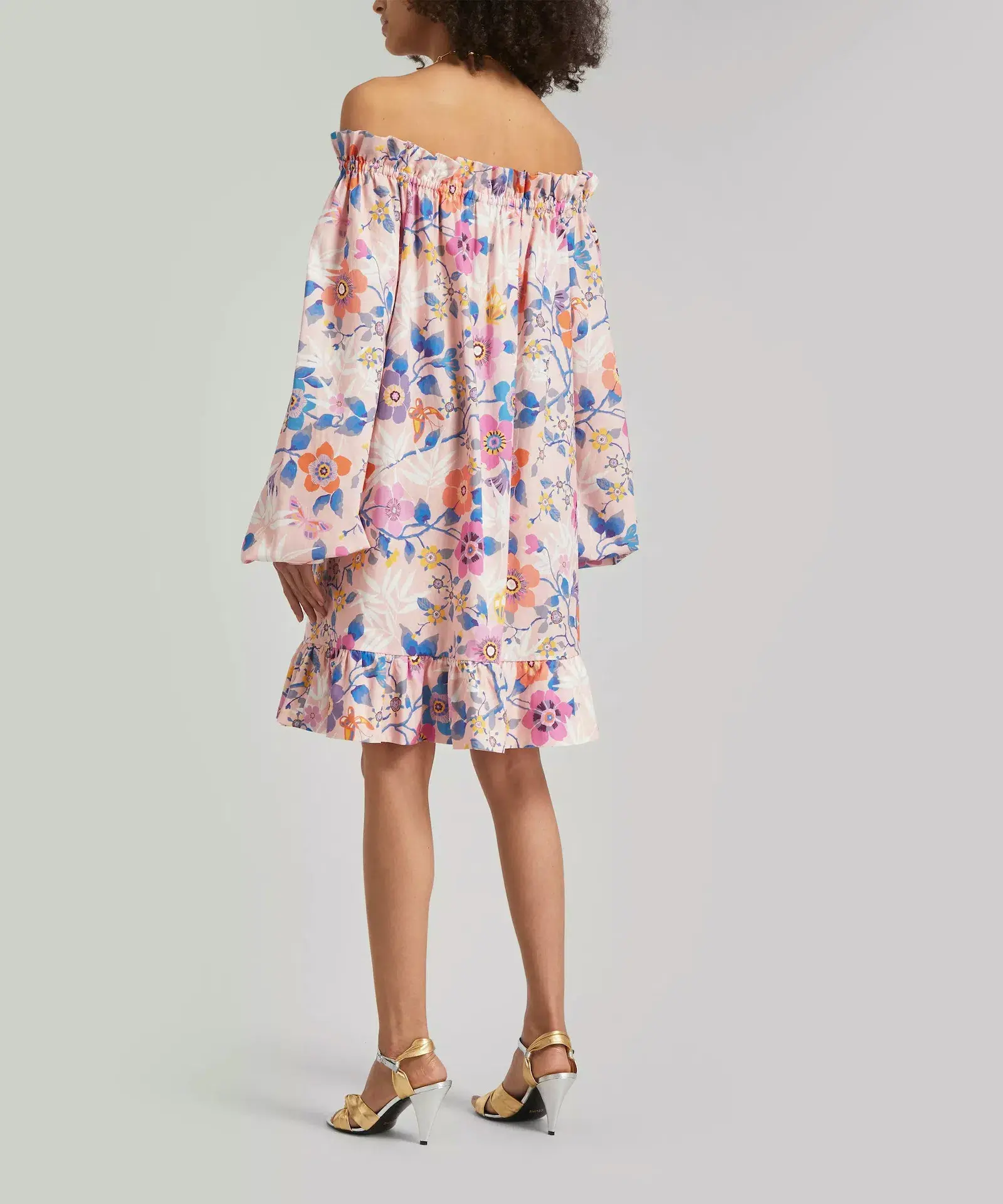 The Vampire’s Wife Mini Mob Off Shoulder Floral Print Slub Linen And Cotton Blend Dress in Baby Pink Size AU 10 - Image 3