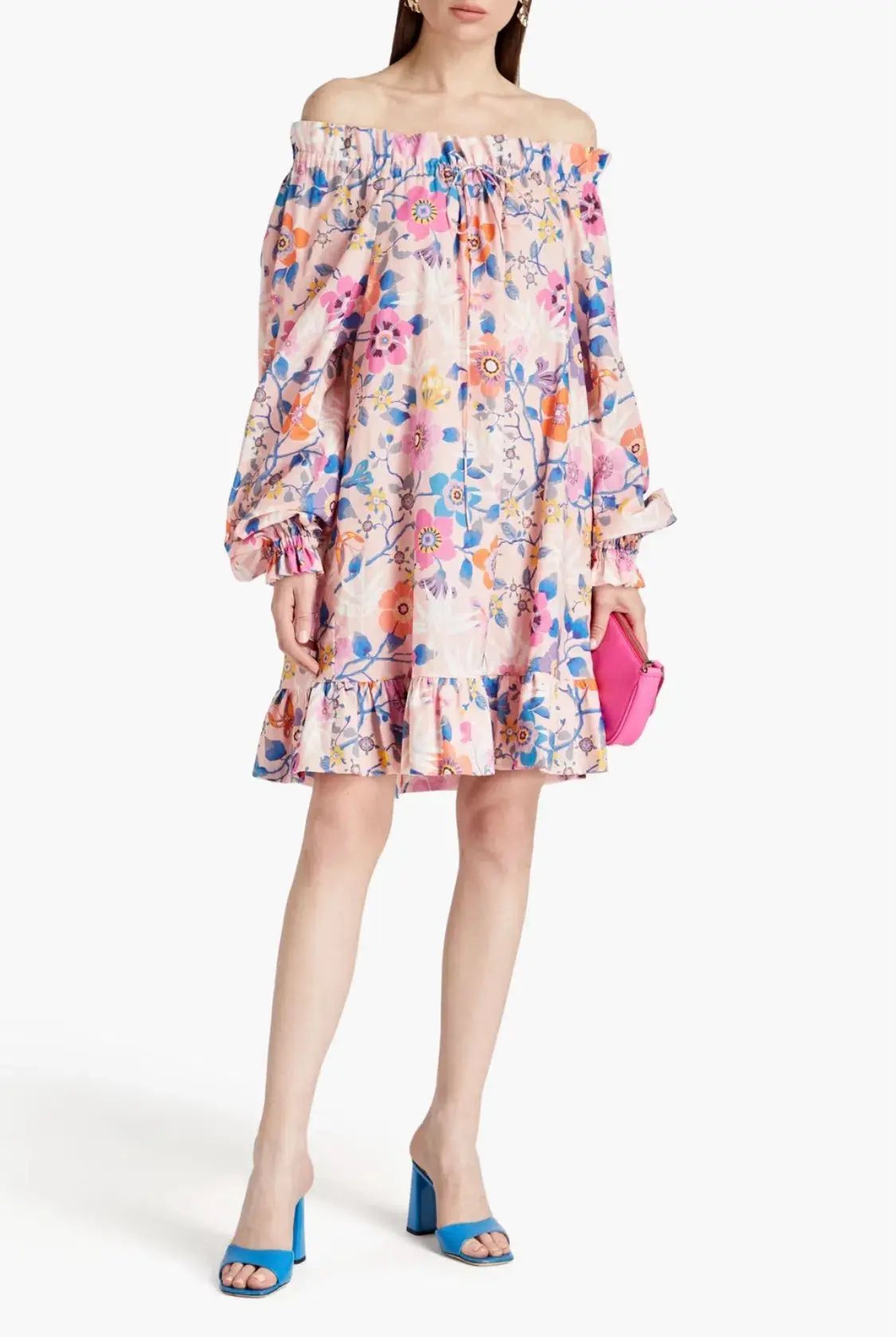 The Vampire’s Wife Mini Mob Off Shoulder Floral Print Slub Linen And Cotton Blend Dress in Baby Pink Size AU 10 - Image 5