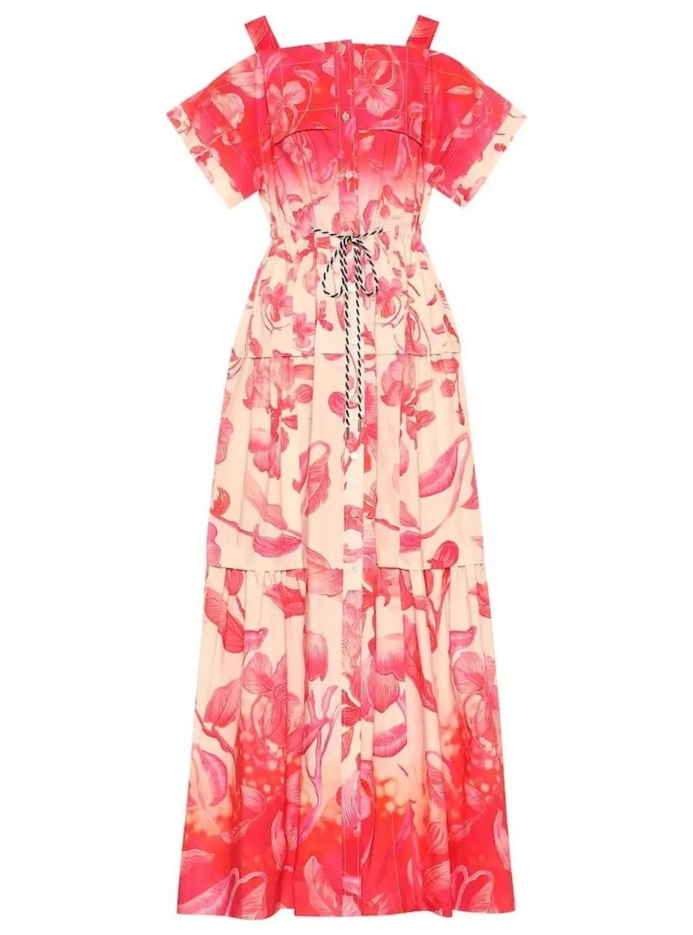 Peter Pilotto Long Drop Shoulder Tiered Skirt Degrade Print Cotton Dress Floral Size AU 12  - Image 1