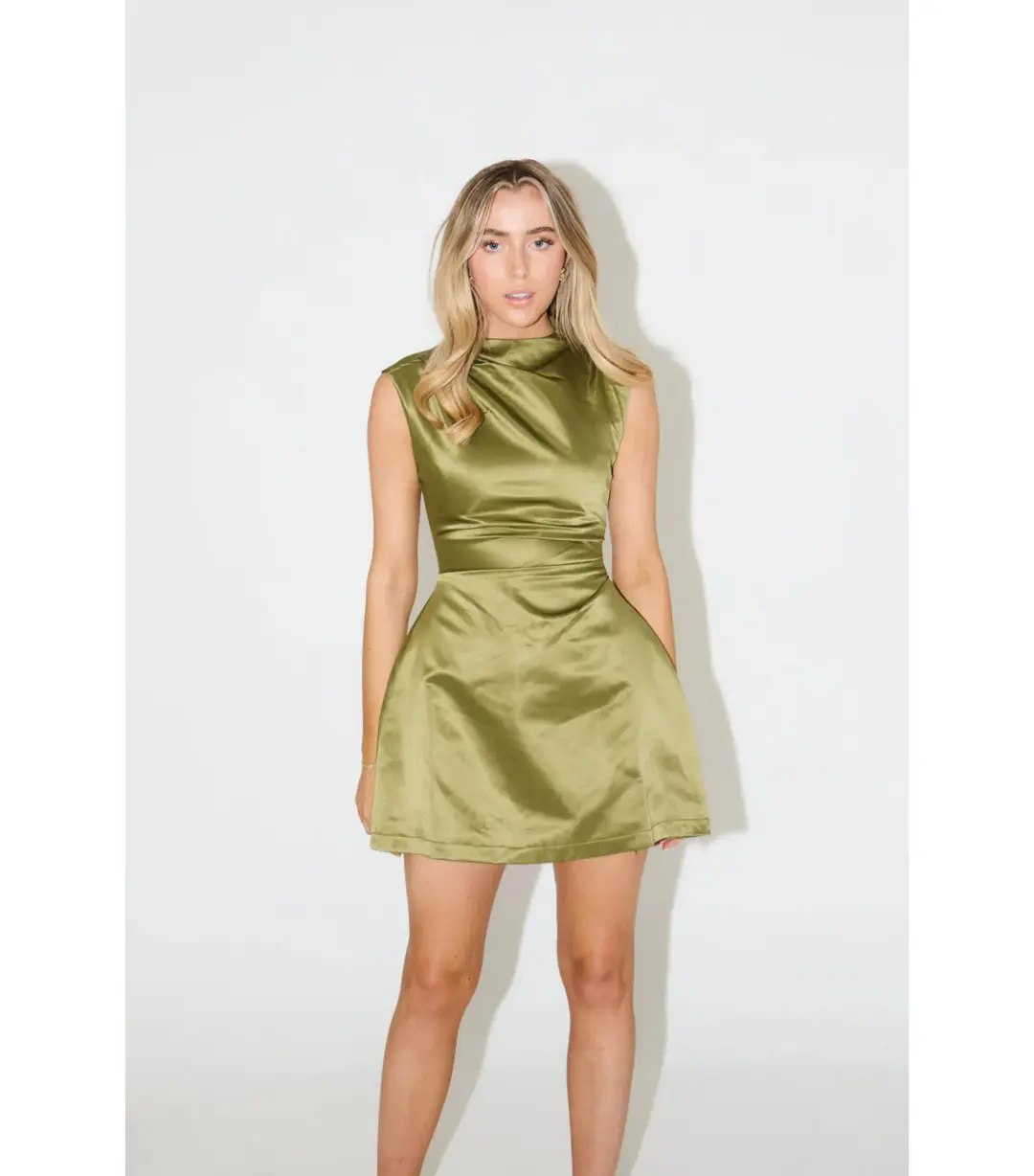 Odd Muse The Ultimate Muse Satin Straight Neck Mini Dress in Olive Size XS / AU 6 for rent on The Volte - main image