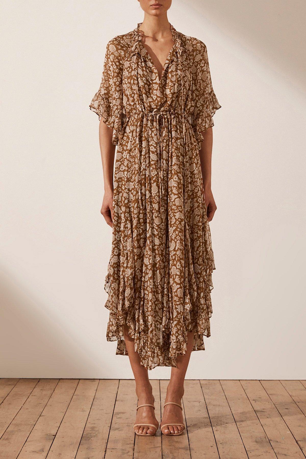 Shona Joy Odette Flutter Sleeve Godet Midi Dress Print Size 10 - Image 1