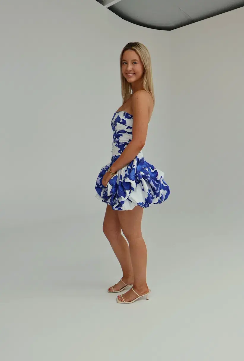 Aje Violette Bubble Hem Mini Dress in Boldly Blooming Cobalt Size AU 8 for rent on The Volte - main image