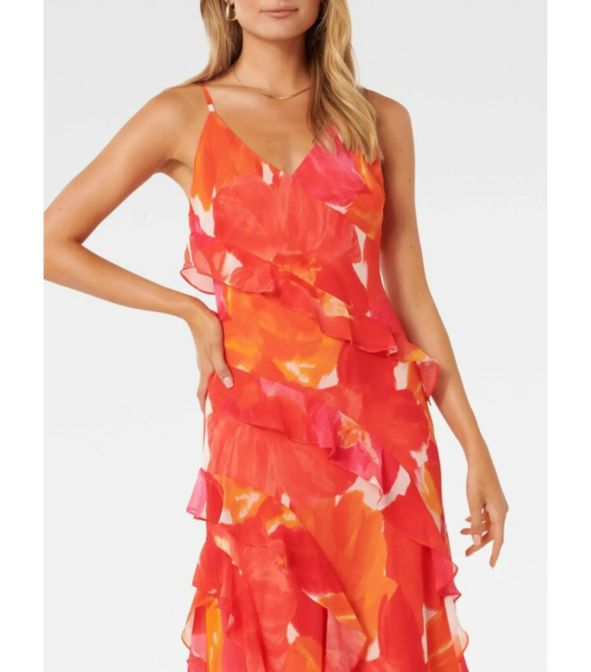 Forever New Asymmetrical Ruffle Orange Poppy Dress Print Size AU 8 - Image 2