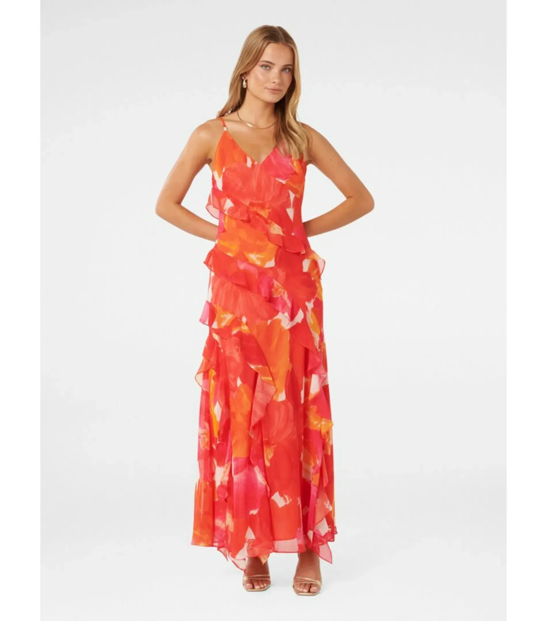 Forever New Asymmetrical Ruffle Orange Poppy Dress Print Size AU 8 - Image 1