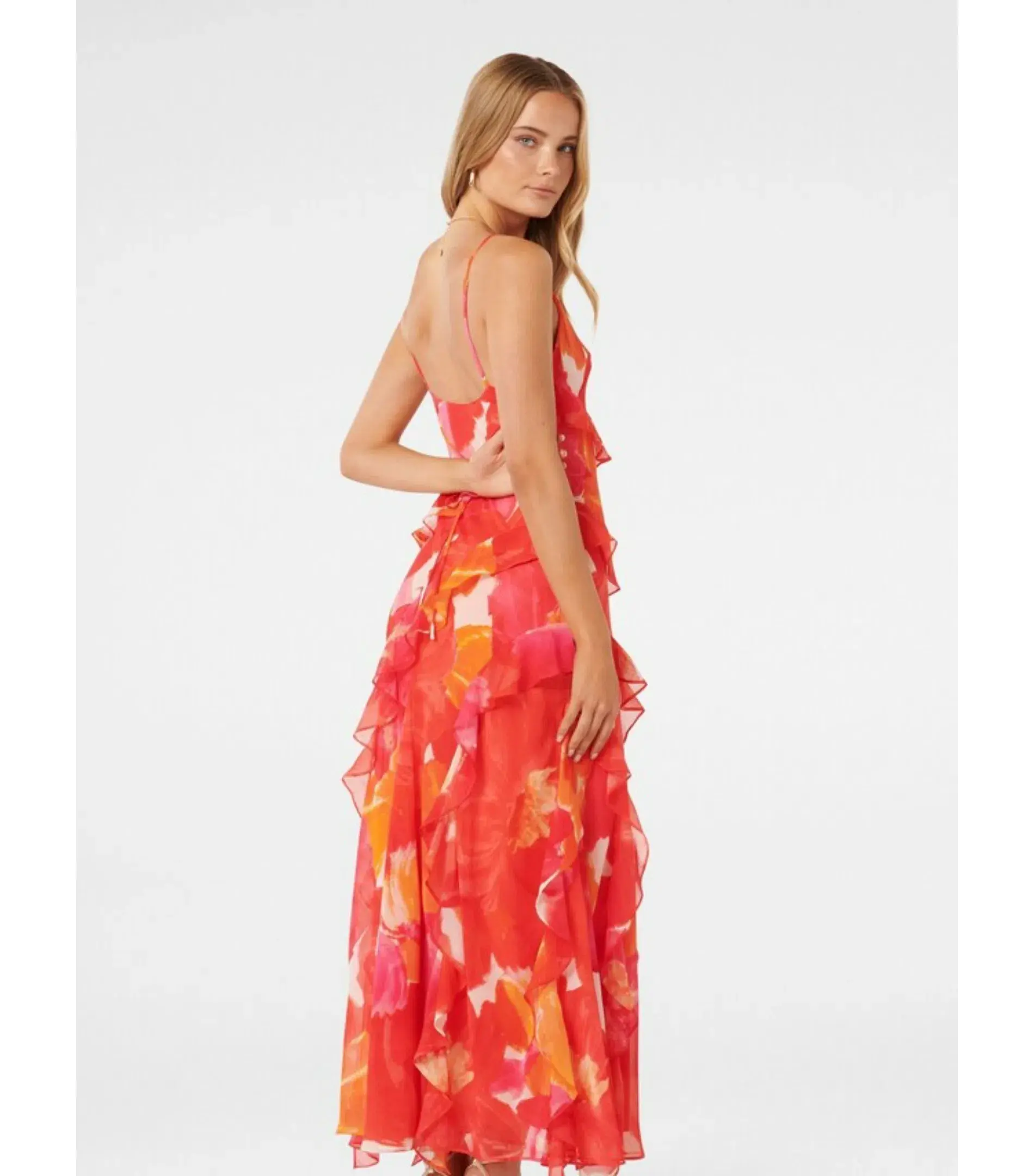 Forever New Asymmetrical Ruffle Orange Poppy Dress Print Size AU 8 - Image 3