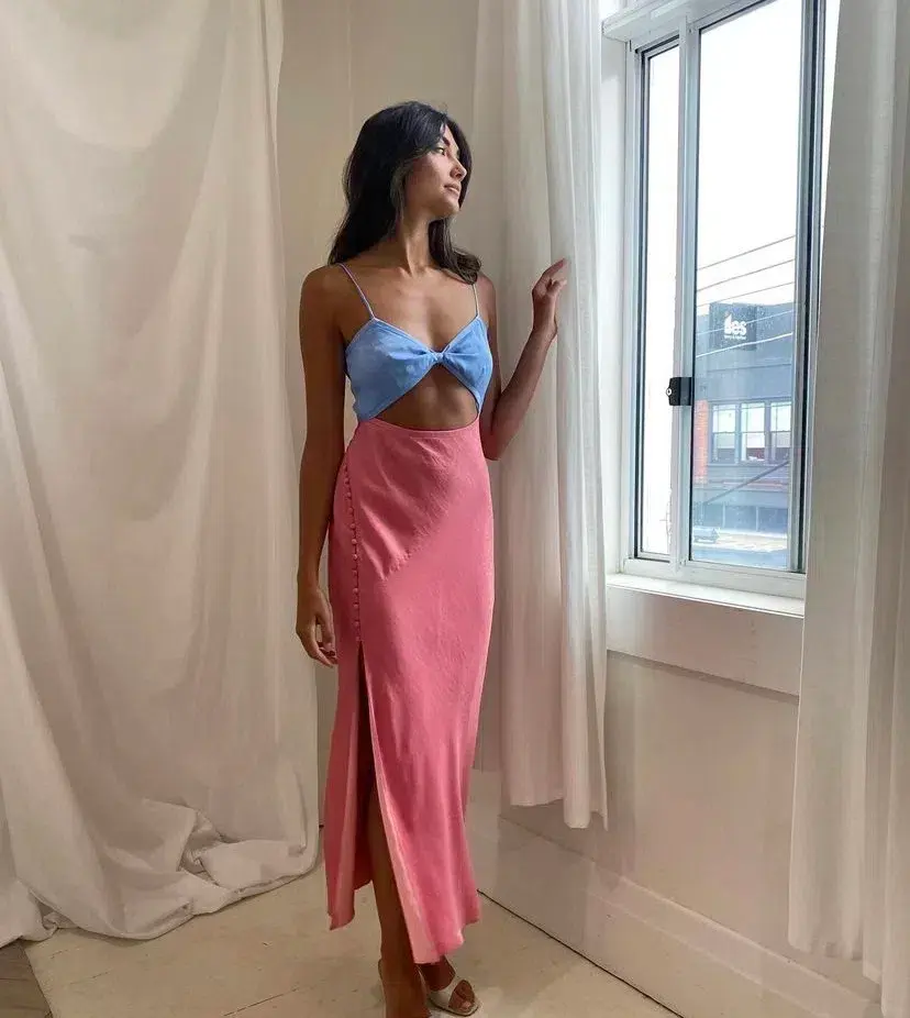 San Sloane Alona Midi Dress Pink and Blue Size 10 - Image 4