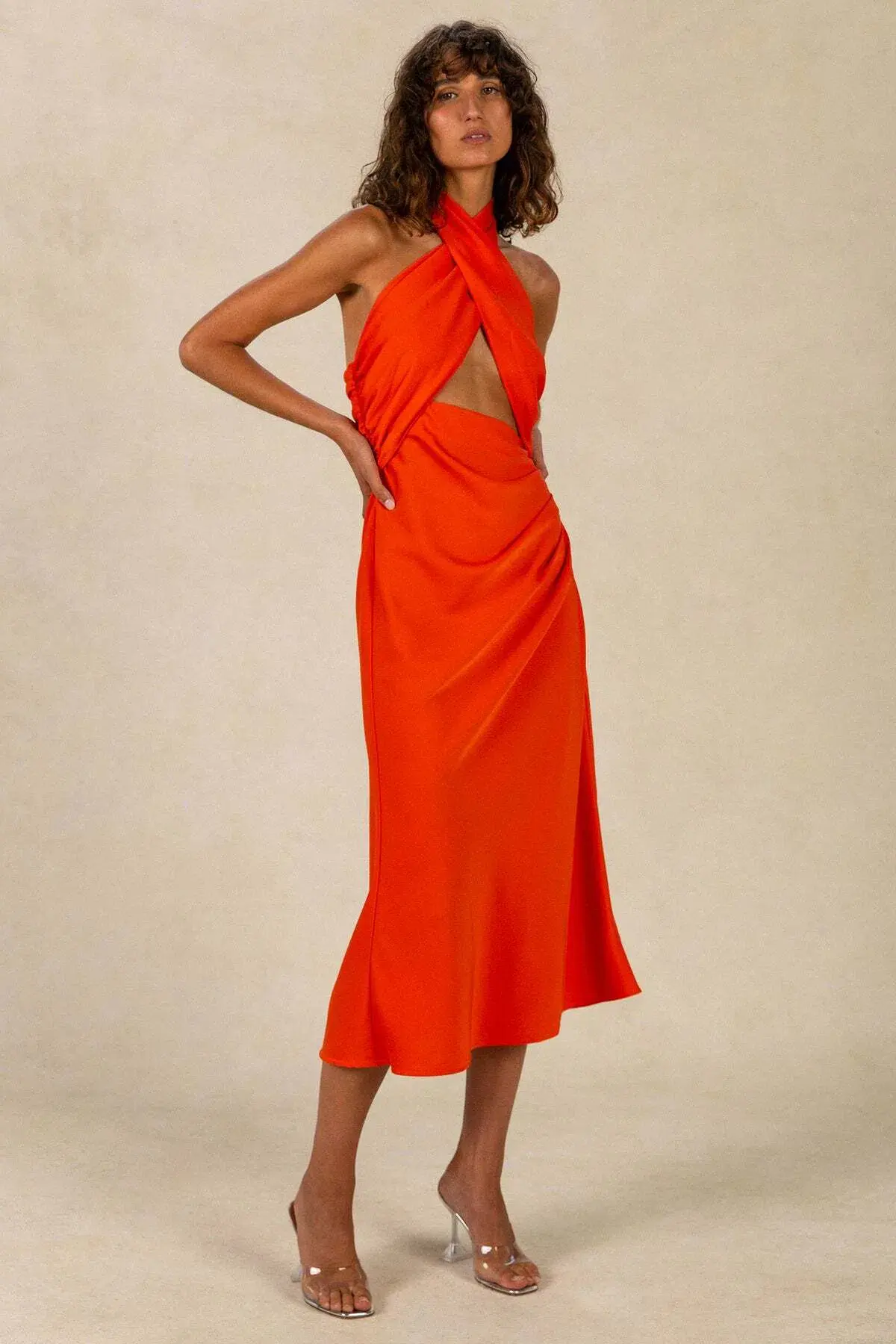 Misha Linnea Satin Midi Dress Orange Size 8 - Image 1
