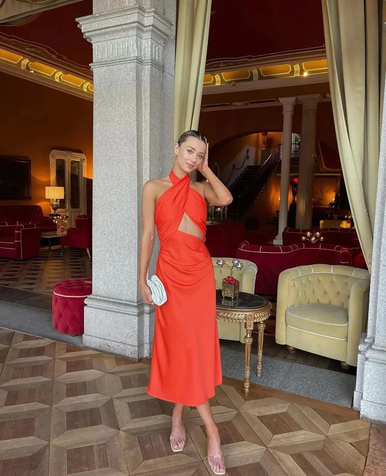 Misha Linnea Satin Midi Dress Orange Size 8 - Image 4