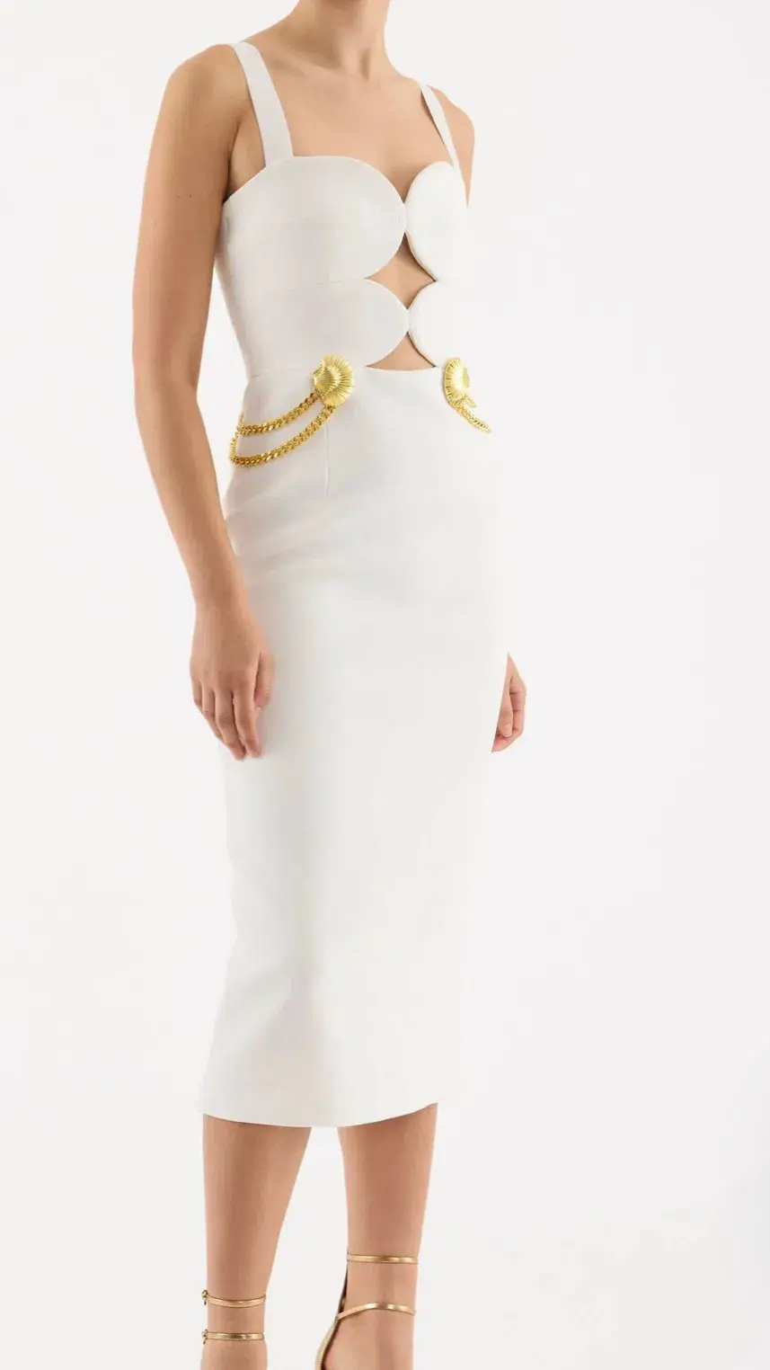 Rebecca Vallance Chelsea Gold Shell Detail Midi Dress White Size 6  - Image 3