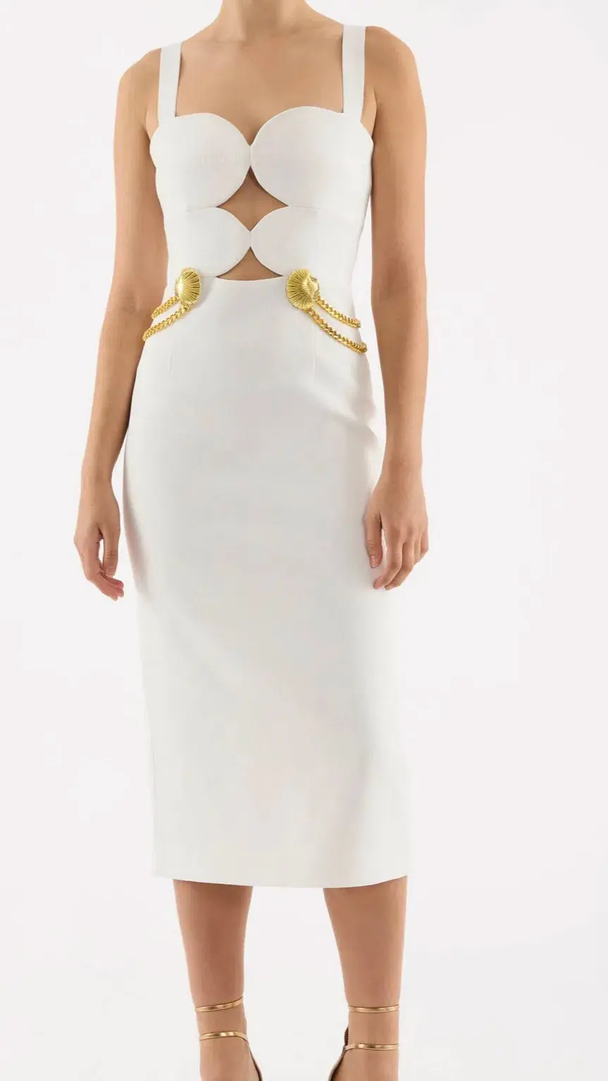 Rebecca Vallance Chelsea Gold Shell Detail Midi Dress White Size 6  - Image 1