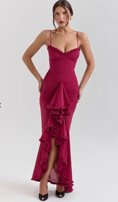 House of CB Gabbi Ruffled Front Gown Wine Size 10 - Image 3