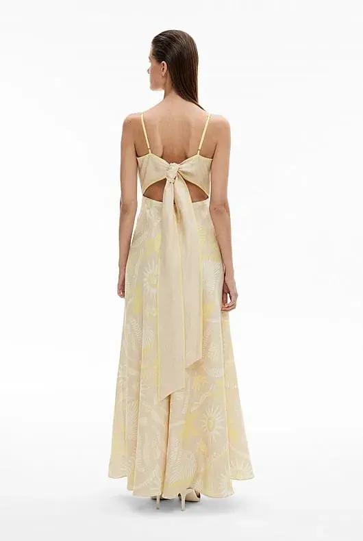 Witchery Cut Out Bodice Linen Maxi Dress Stone Print Size 10 - Image 3