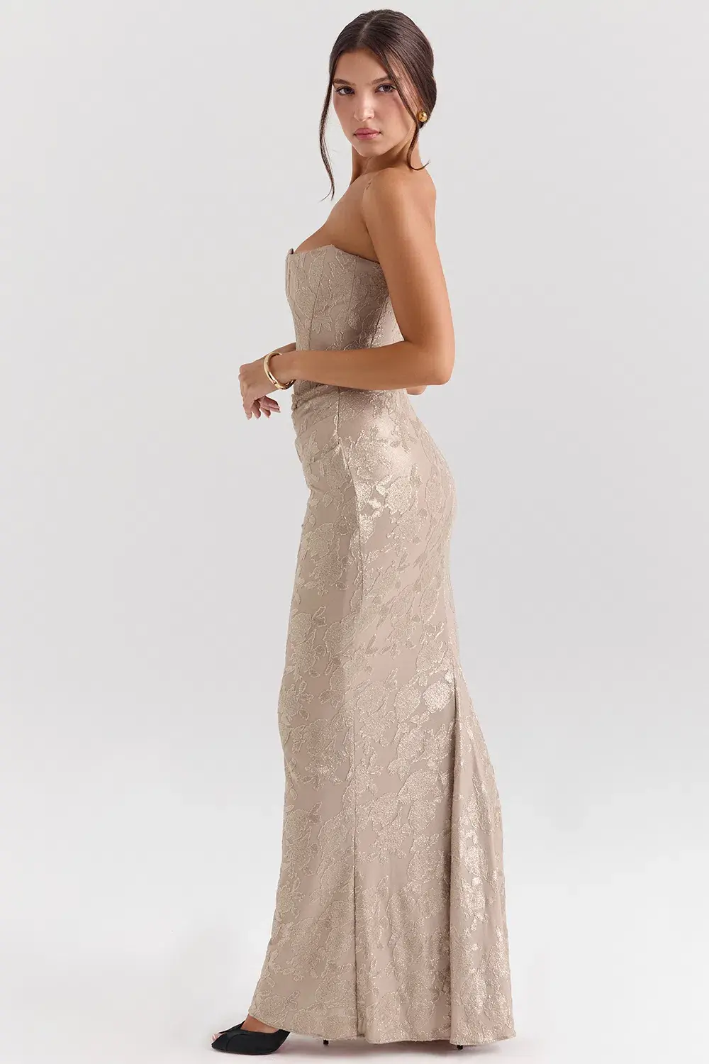 House of CB Persephone Chiffon Mesh Strapless Corset Maxi Dress Pale Gold Size S / AU 8 for rent on The Volte - main image