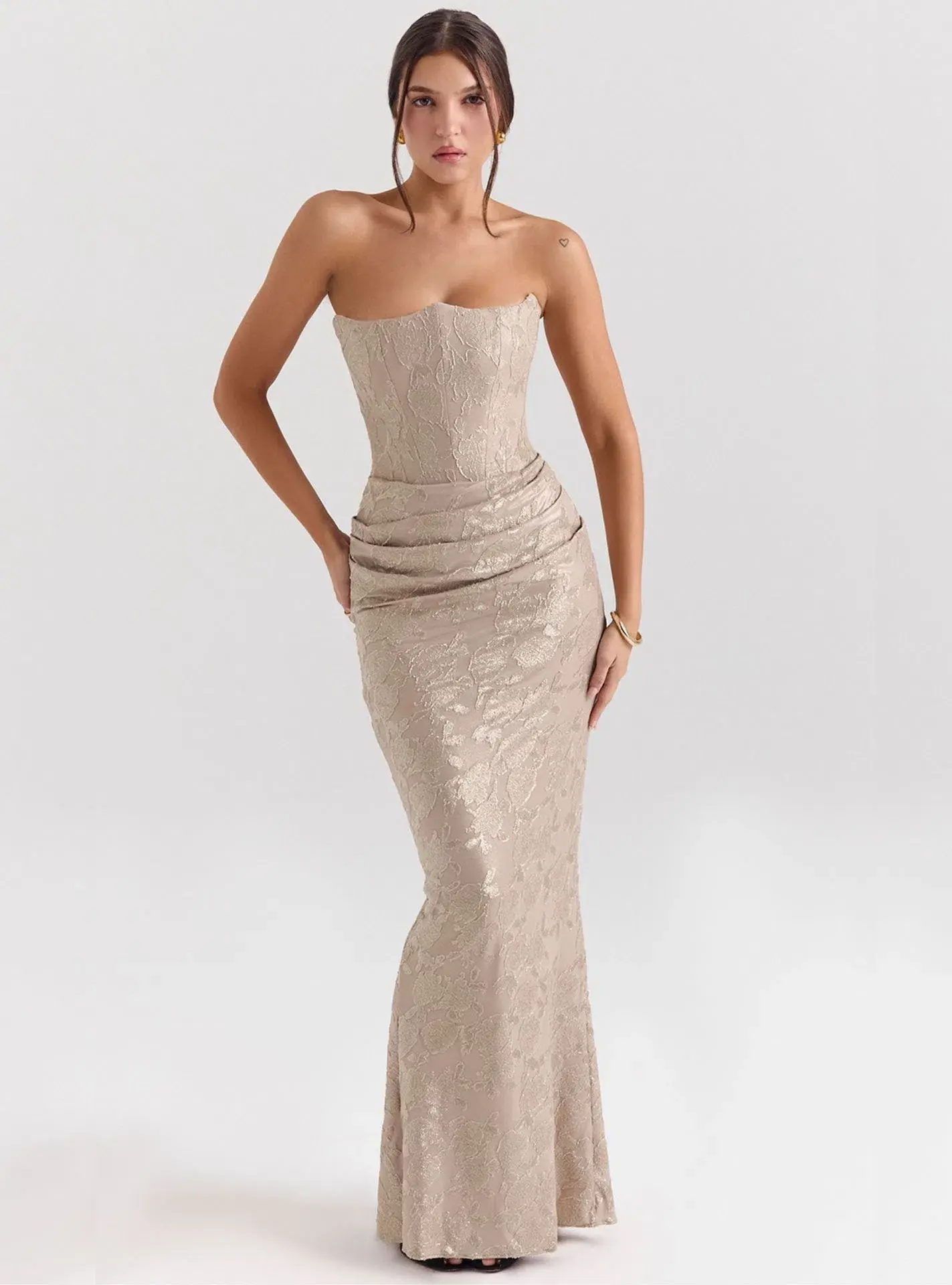 House of CB Persephone Chiffon Mesh Strapless Corset Maxi Dress Pale Gold Size S / AU 8 - Image 1