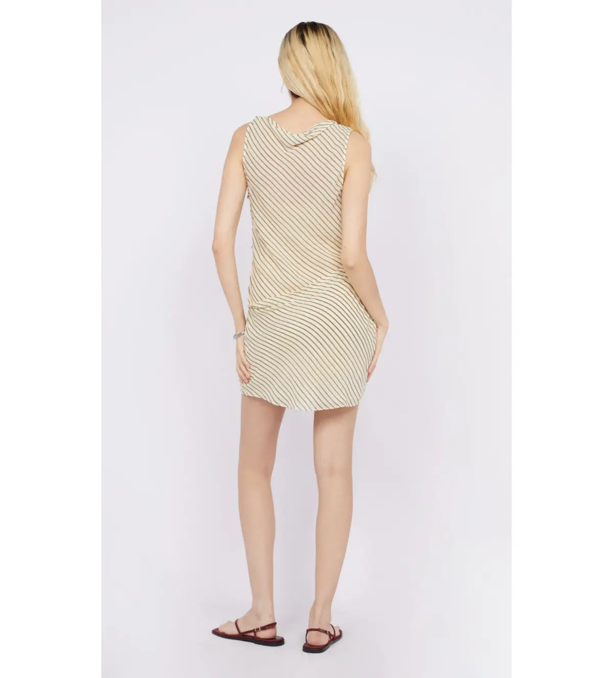Bec & Bridge Anise Asym Mini Dress in Butter/Plum Stripe Size AU 12 - Image 3