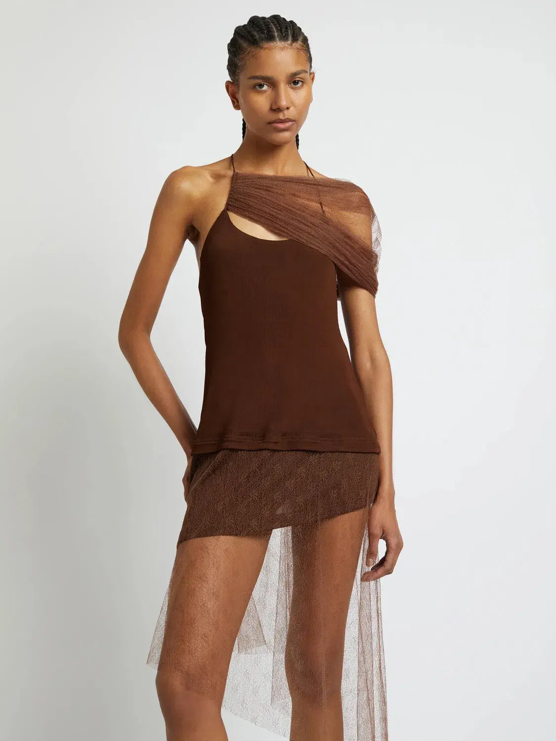 Christopher Esber Vapor Lace Shawl Dress Cacao Size AU 8 - Image 2