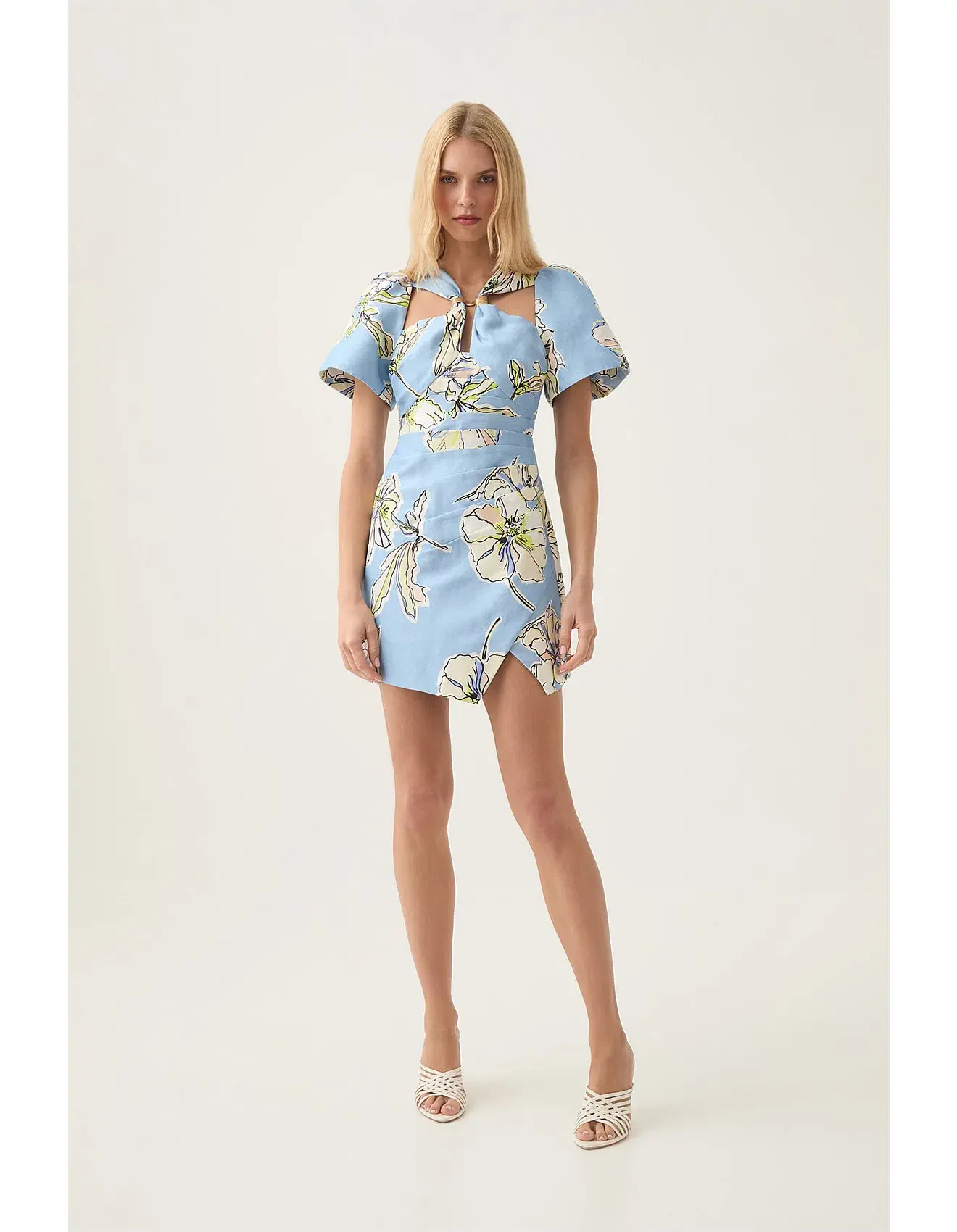 Aje Presence Twisted Mini Dress Blue Hibiscus Size 8 - Image 1