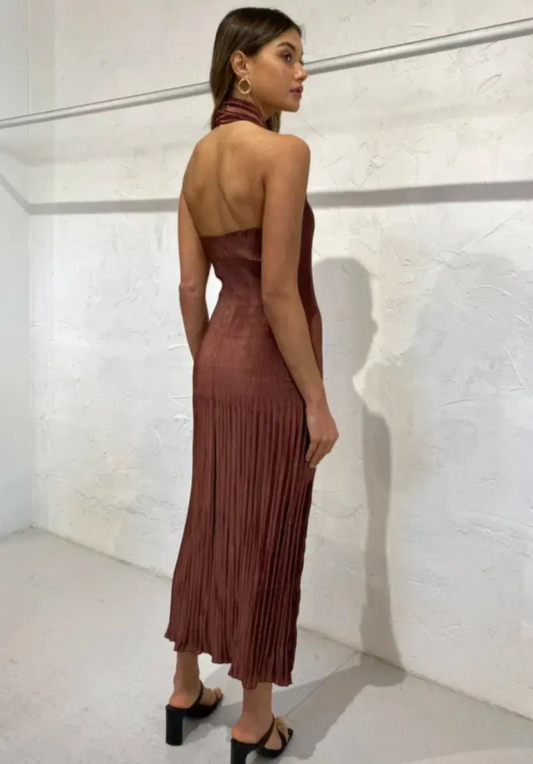 L'Idee Soiree Pleated Halter Dress in Chocolate Size 10  for rent on The Volte - main image