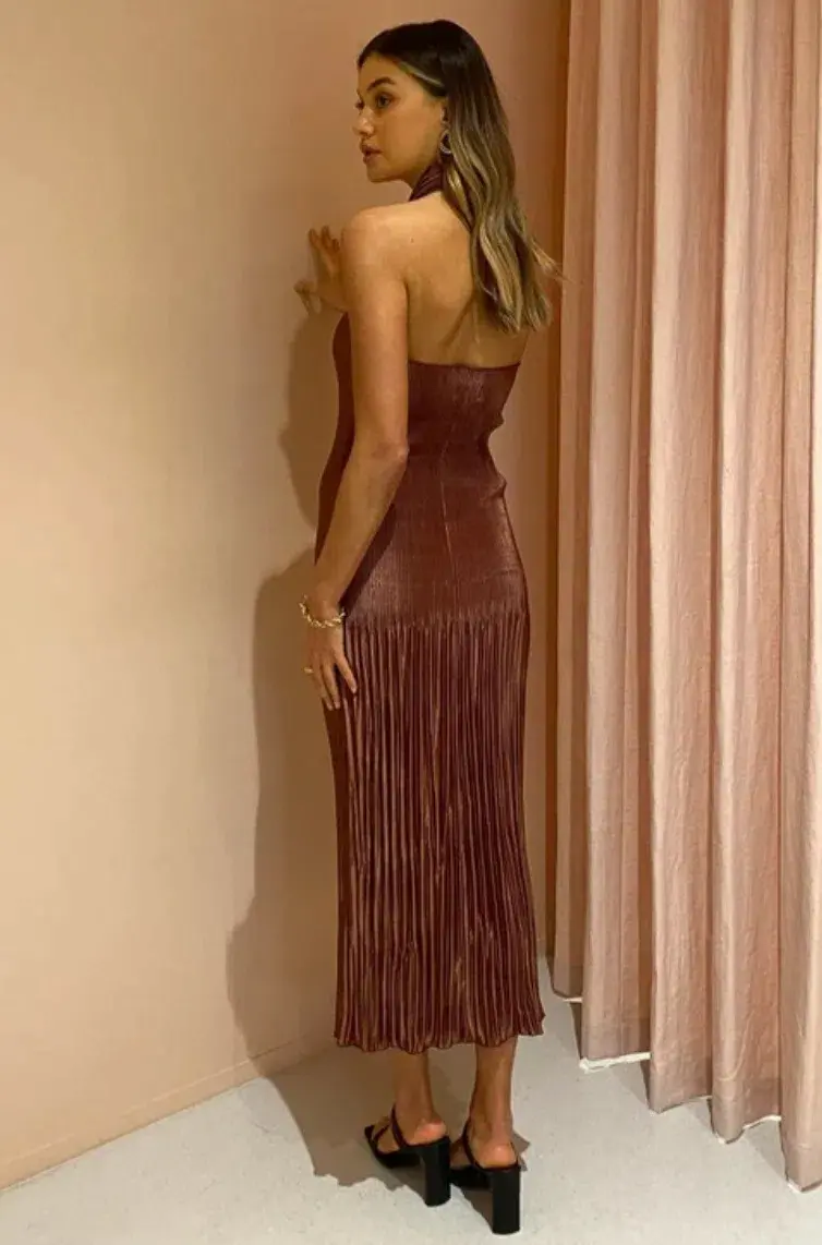 L'Idee Soiree Pleated Halter Dress in Chocolate Size 10  for rent on The Volte - main image