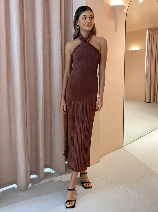 L'Idee Soiree Pleated Halter Dress in Chocolate Size 10  for rent on The Volte - main image