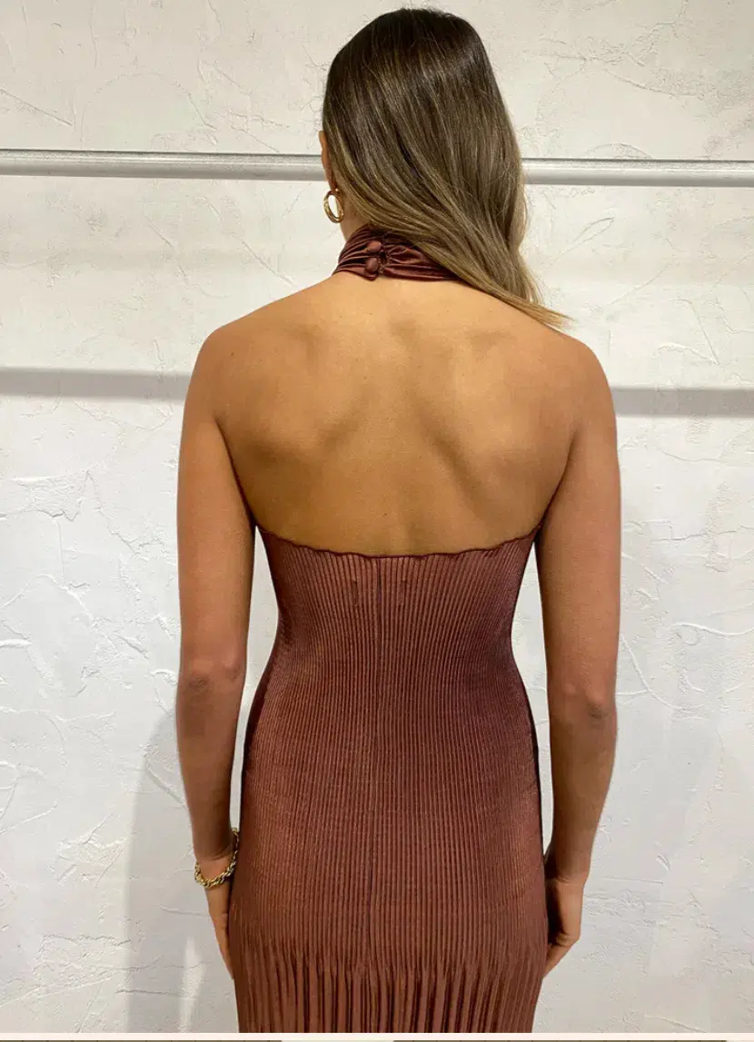 L'Idee Soiree Pleated Halter Dress in Chocolate Size 10  for rent on The Volte - main image