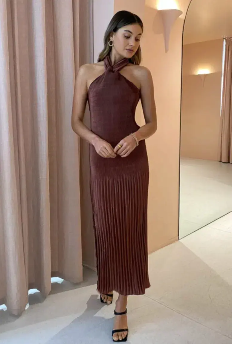 L'Idee Soiree Pleated Halter Dress in Chocolate Size 10  for rent on The Volte - main image