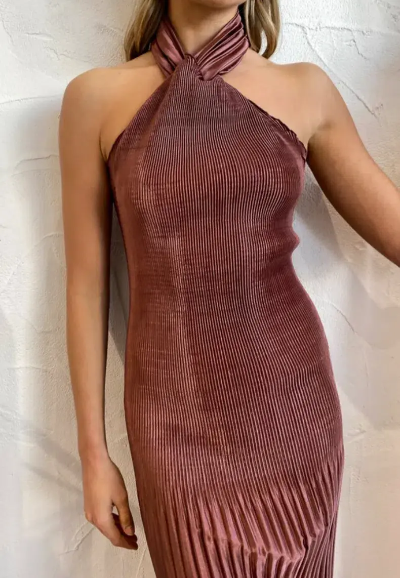 L'Idee Soiree Pleated Halter Dress in Chocolate Size 10  for rent on The Volte - main image