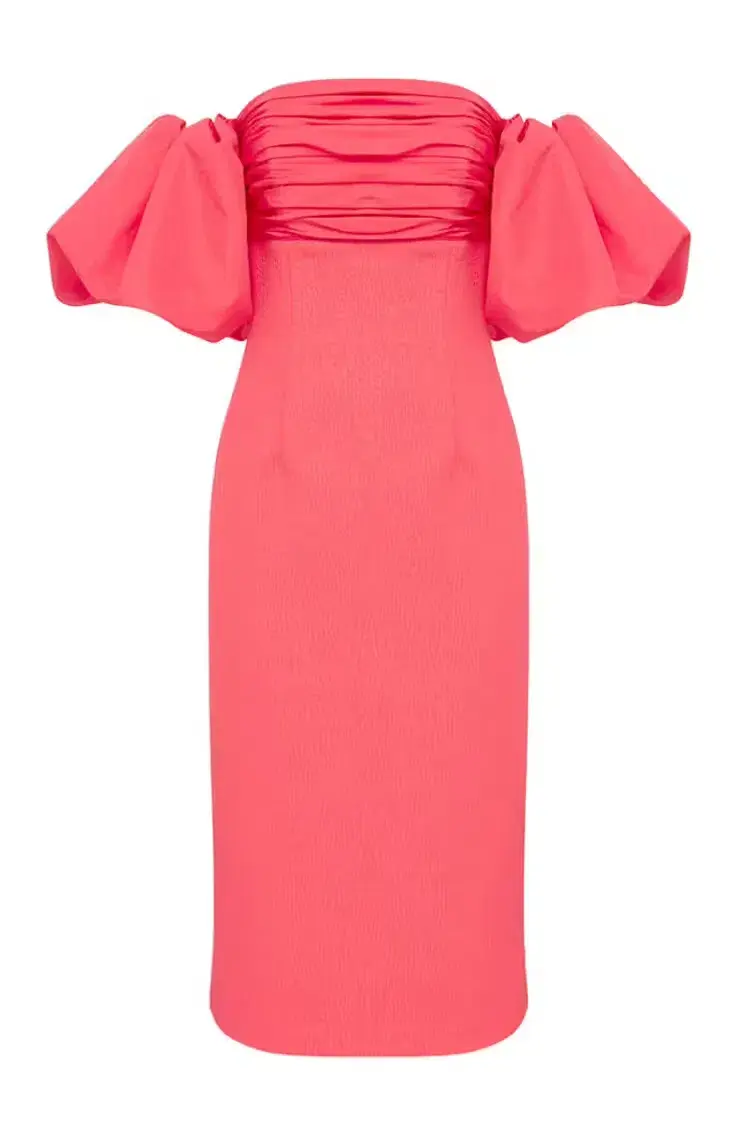 REBECCA VALLANCE CAITLIN OFF THE SHOULDER MIDI DRESS CORAL PINK SIZE 8 - Image 5