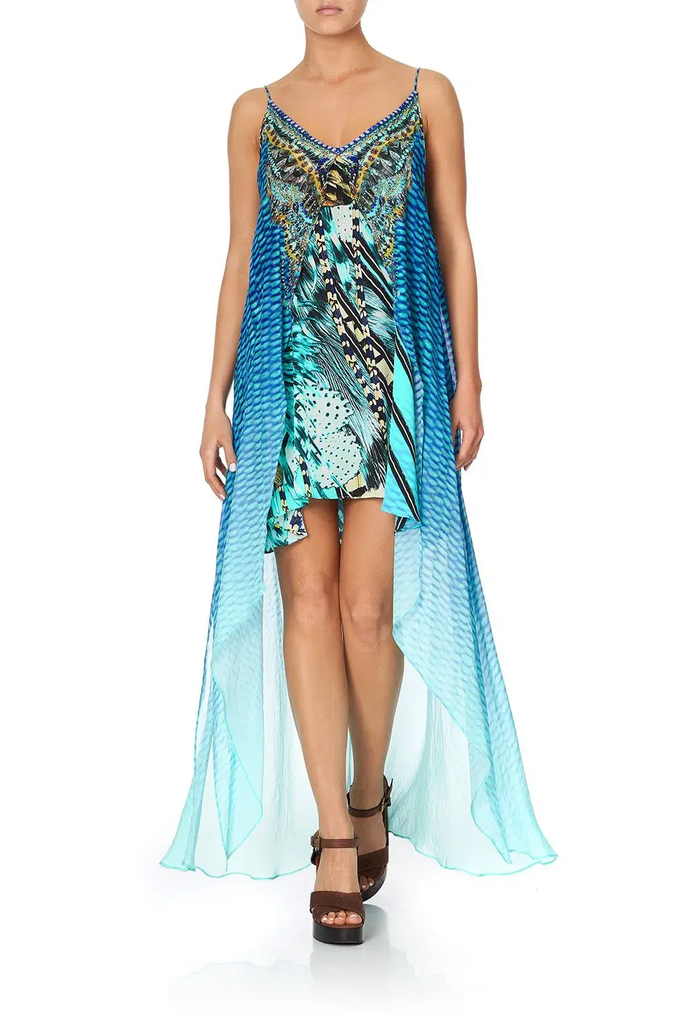 Camilla Flared Mini Dress With Sheer Overlay in Marine Queen Size 6 - Image 2