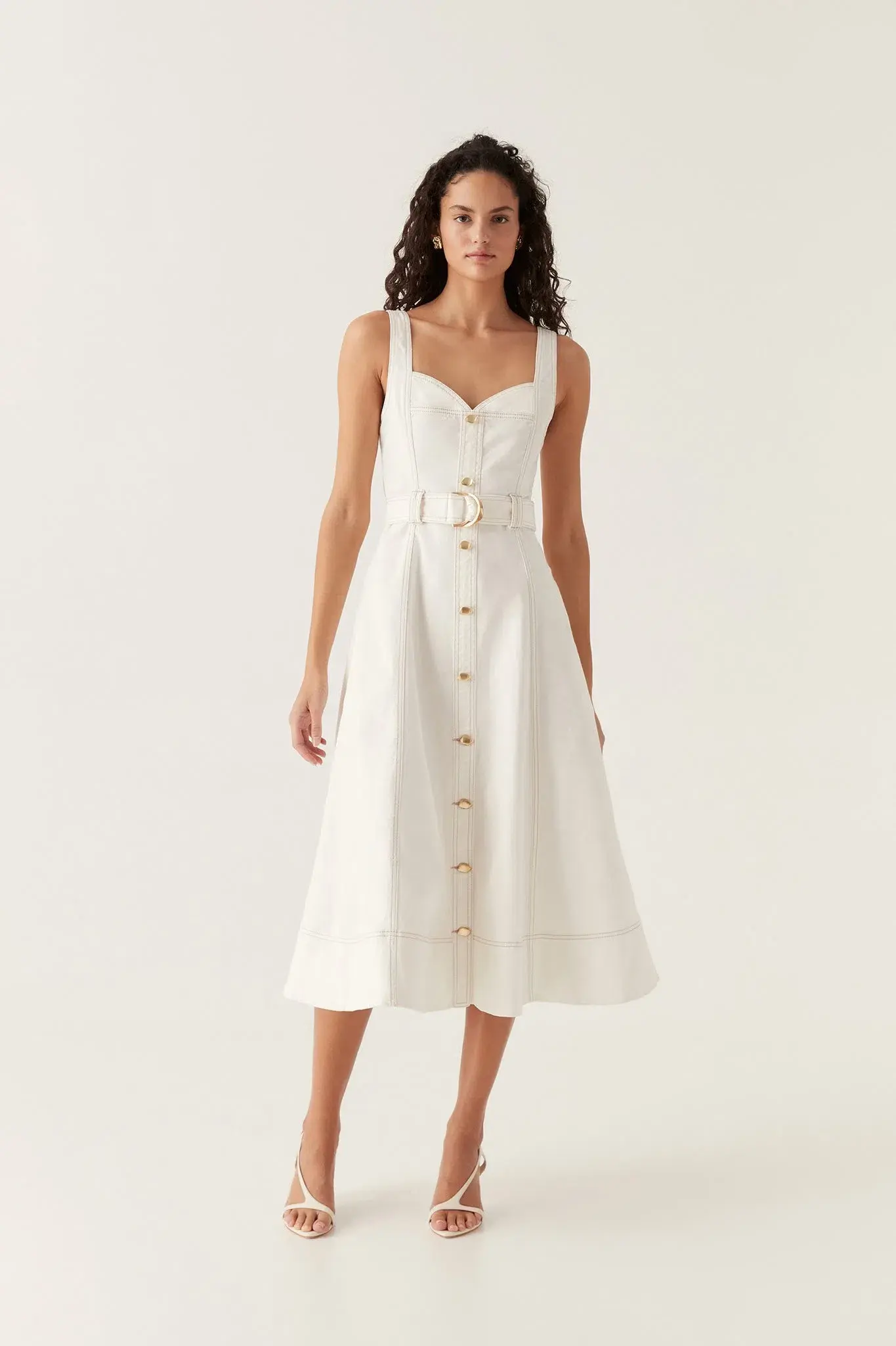 Aje Clay Belted Denim Midi Dress White Size AU 10 - Image 1