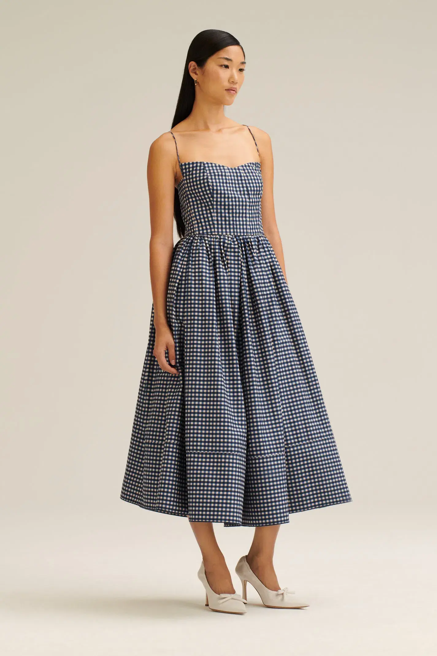 Scanlan Theodore Gingham Print Ballerina Dress Navy Shell Size 6 - Image 1