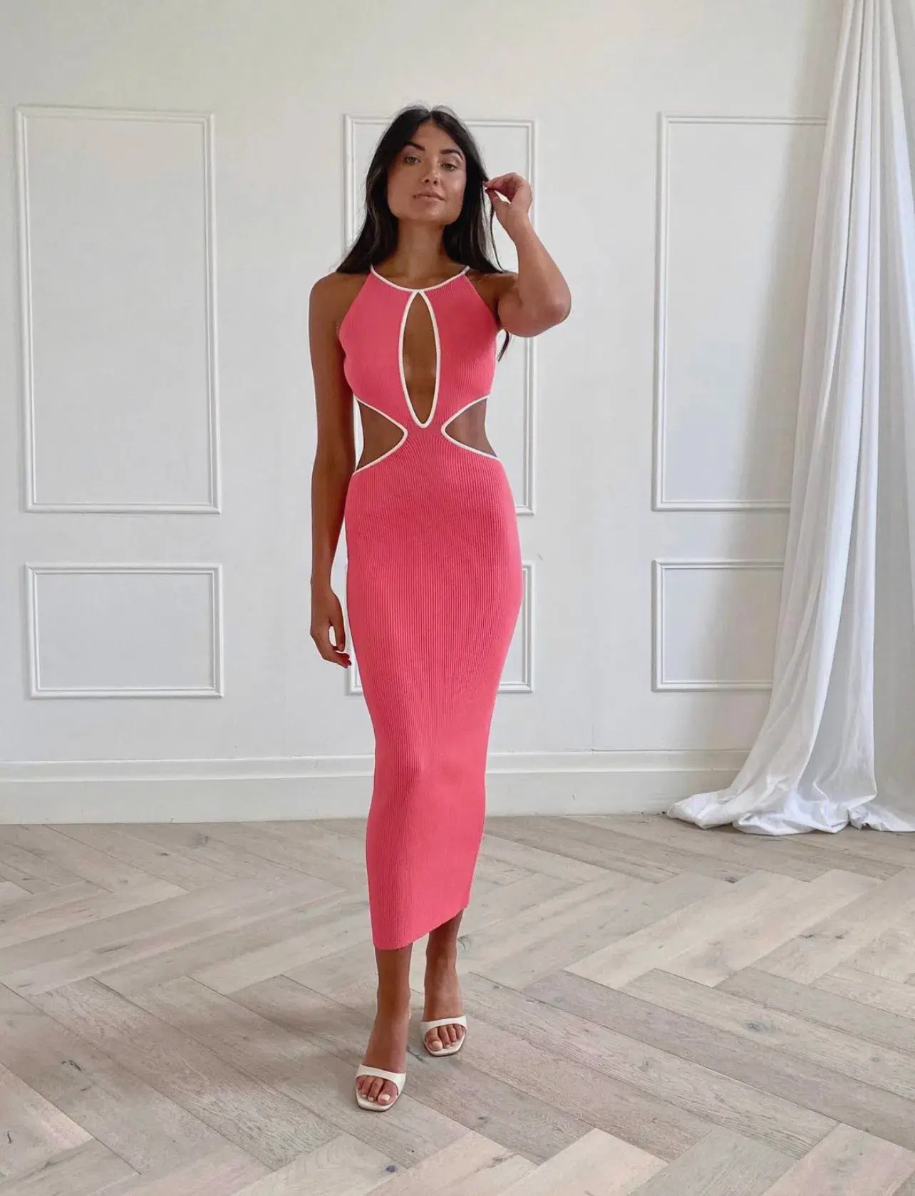 San Sloane Adrian Rib Midi Dress Coral Size XS (AU 6) - Image 1