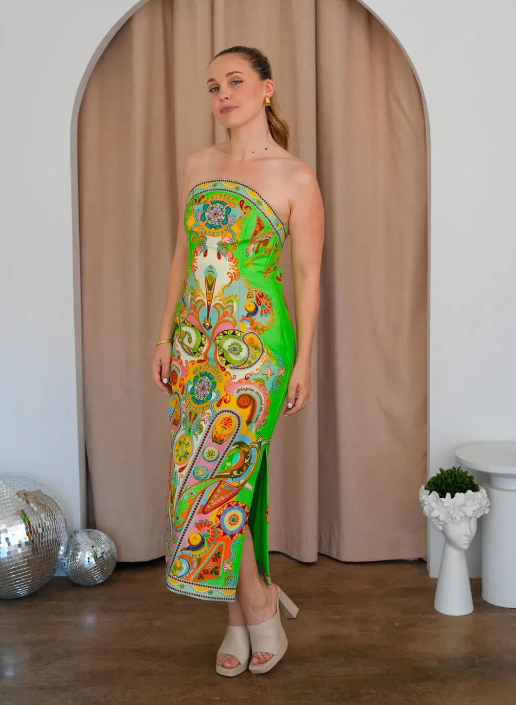 Alemais Pinball Bodice Midi Dress Green Multi Size 8 - Image 1