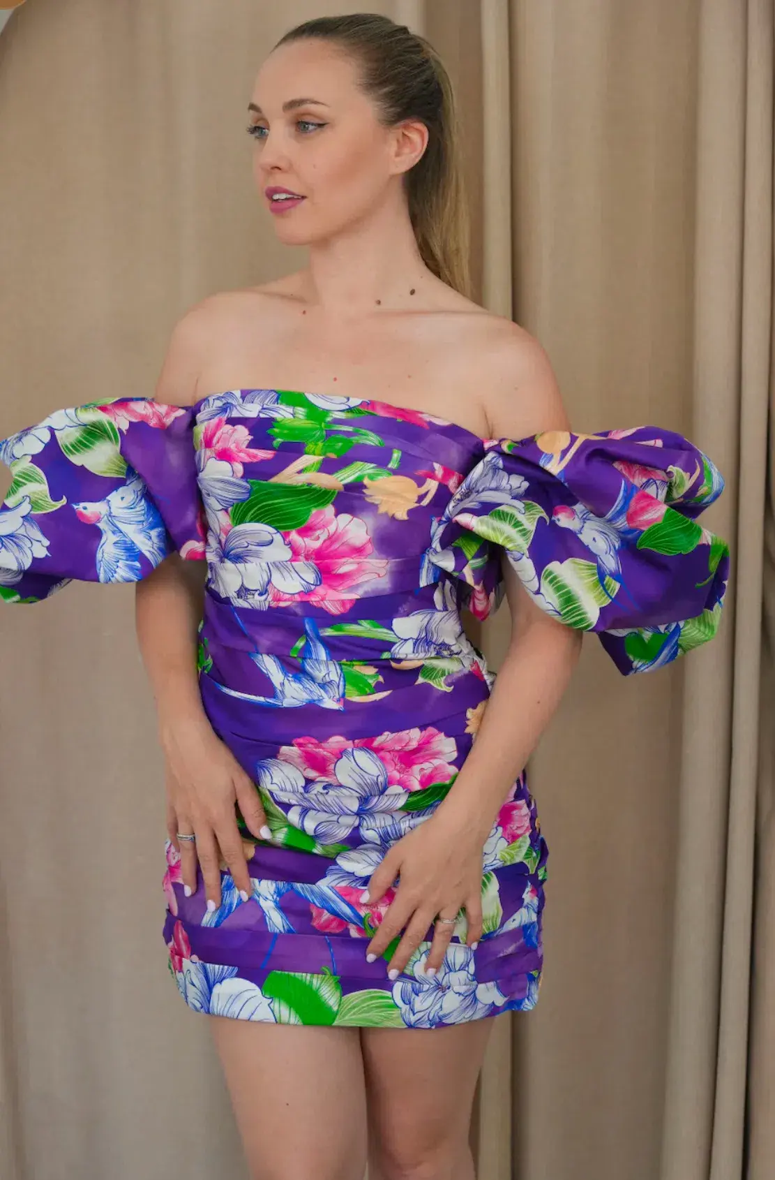 Leo Lin Brenda Puff Sleeve Mini Dress Swallow Print in Serenity Size 10 - Image 3