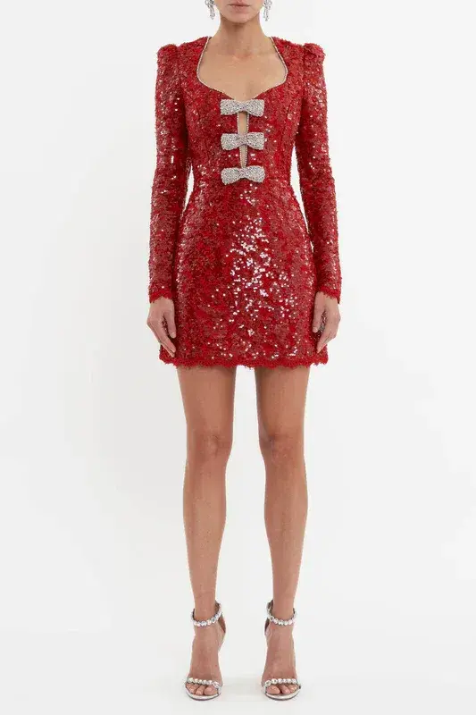 Rebecca Vallance Leyla Long Sleeve Mini Dress Red Sequin Size 6 - Image 4