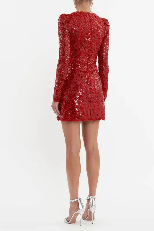 Rebecca Vallance Leyla Long Sleeve Mini Dress Red Sequin Size 6 - Image 3
