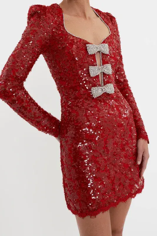 Rebecca Vallance Leyla Long Sleeve Mini Dress Red Sequin Size 6 - Image 2