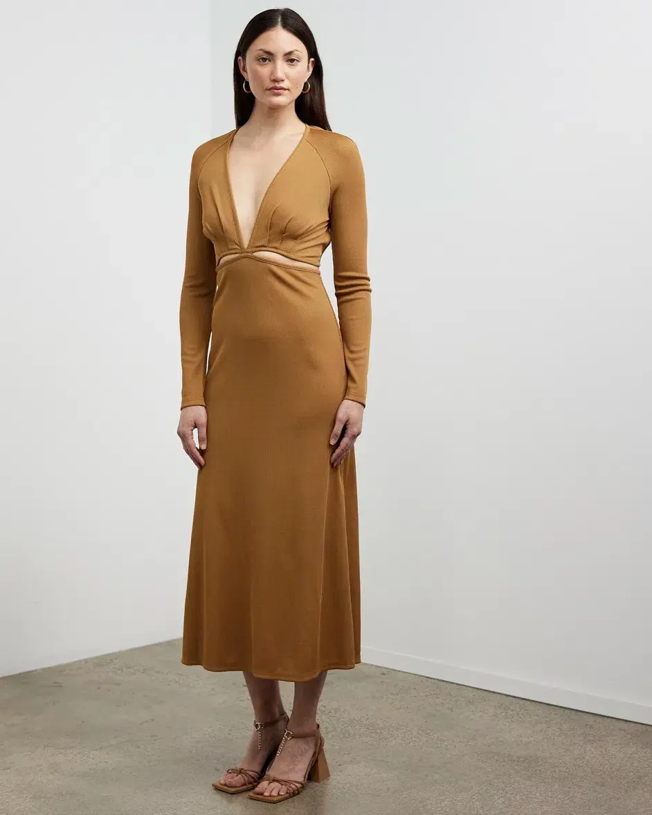Christopher Esber Open Tie Back Long Sleeve Dress Brown Size 8  - Image 3