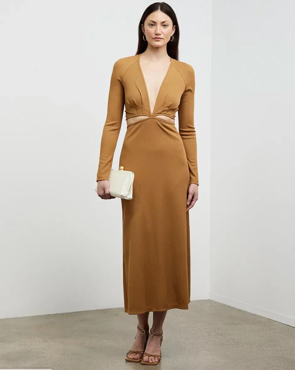 Christopher Esber Open Tie Back Long Sleeve Dress Brown Size 8  - Image 1