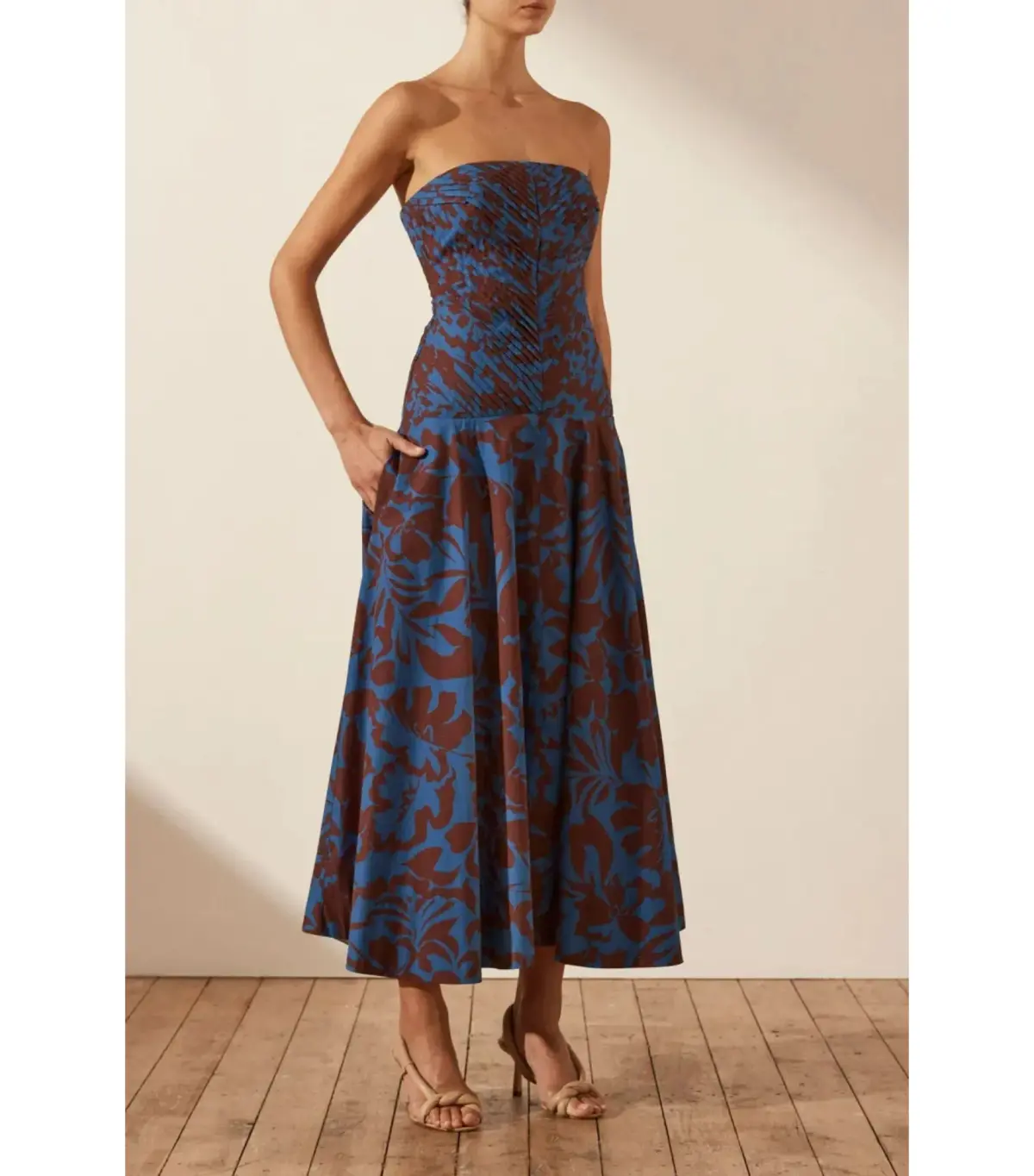 Shona Joy Cartia Strapless Pleated Midi Dress Print Size AU 8 - Image 3