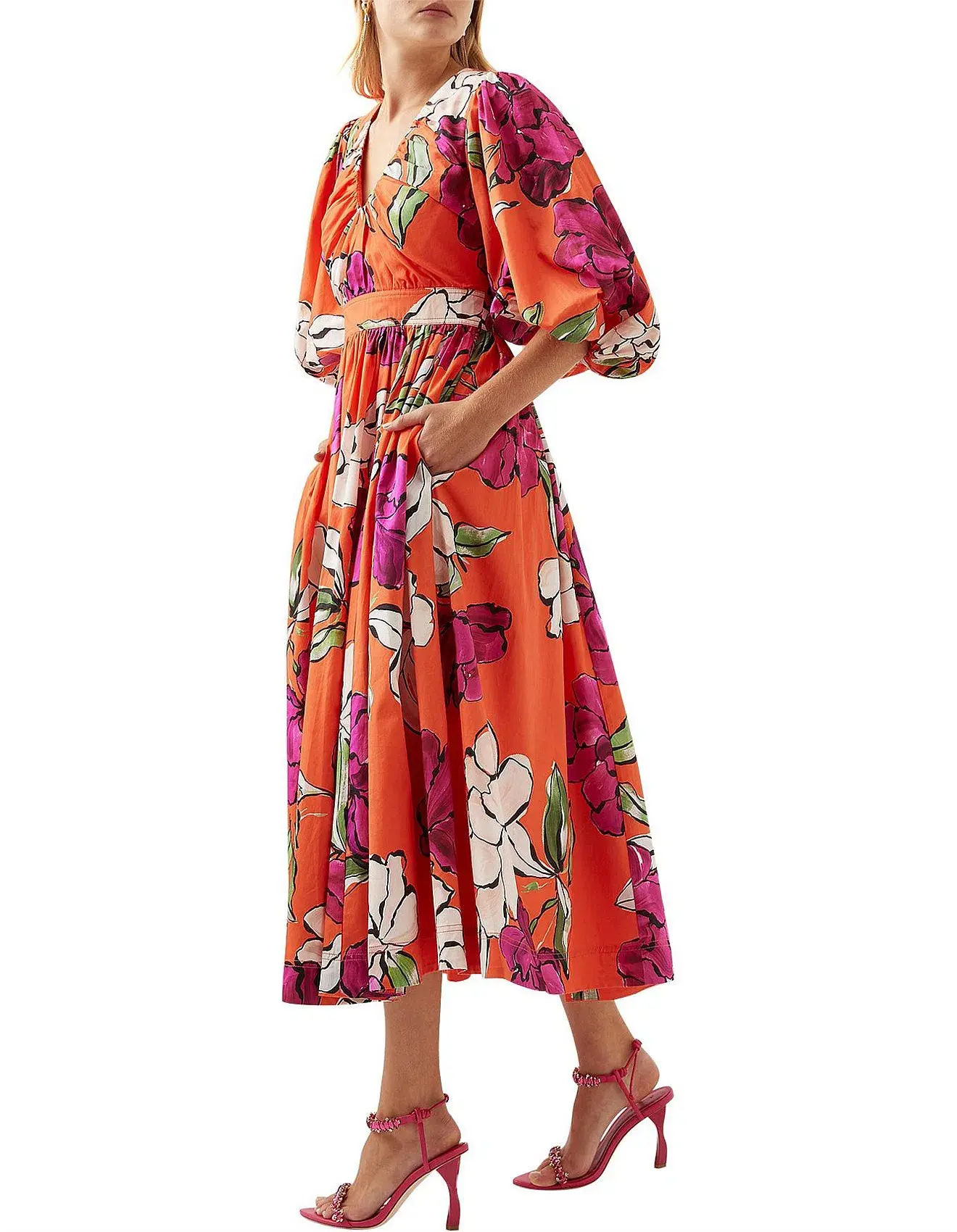 Aje Marlene Floral Midi Dress Vivid Camellia Size 4 - Image 2