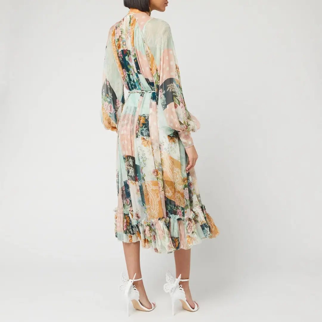 Zimmermann Wavelength Belted Silk Georgette Patchwork Midi Shirt Dress Print Size 1 / AU 10 for rent on The Volte - main image