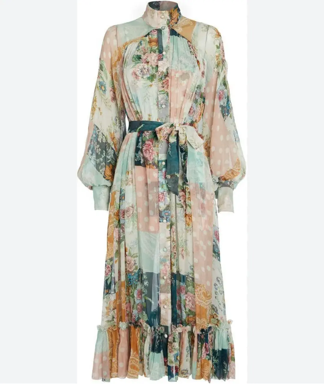 Zimmermann Wavelength Belted Silk Georgette Patchwork Midi Shirt Dress Print Size 1 / AU 10 for rent on The Volte - main image